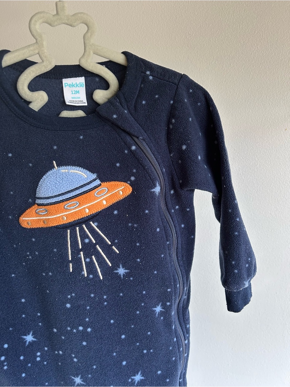 3/$15 - Pekkle Navy Space UFO Appliqué Fleece Baby Sleeper - 6-12M